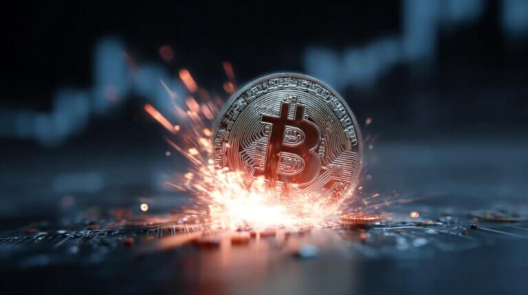 Bitcoin coin igniting upward with sparks against a rising chart, symbolizing the surge to $70,000 after Trump pauses Iran strikes