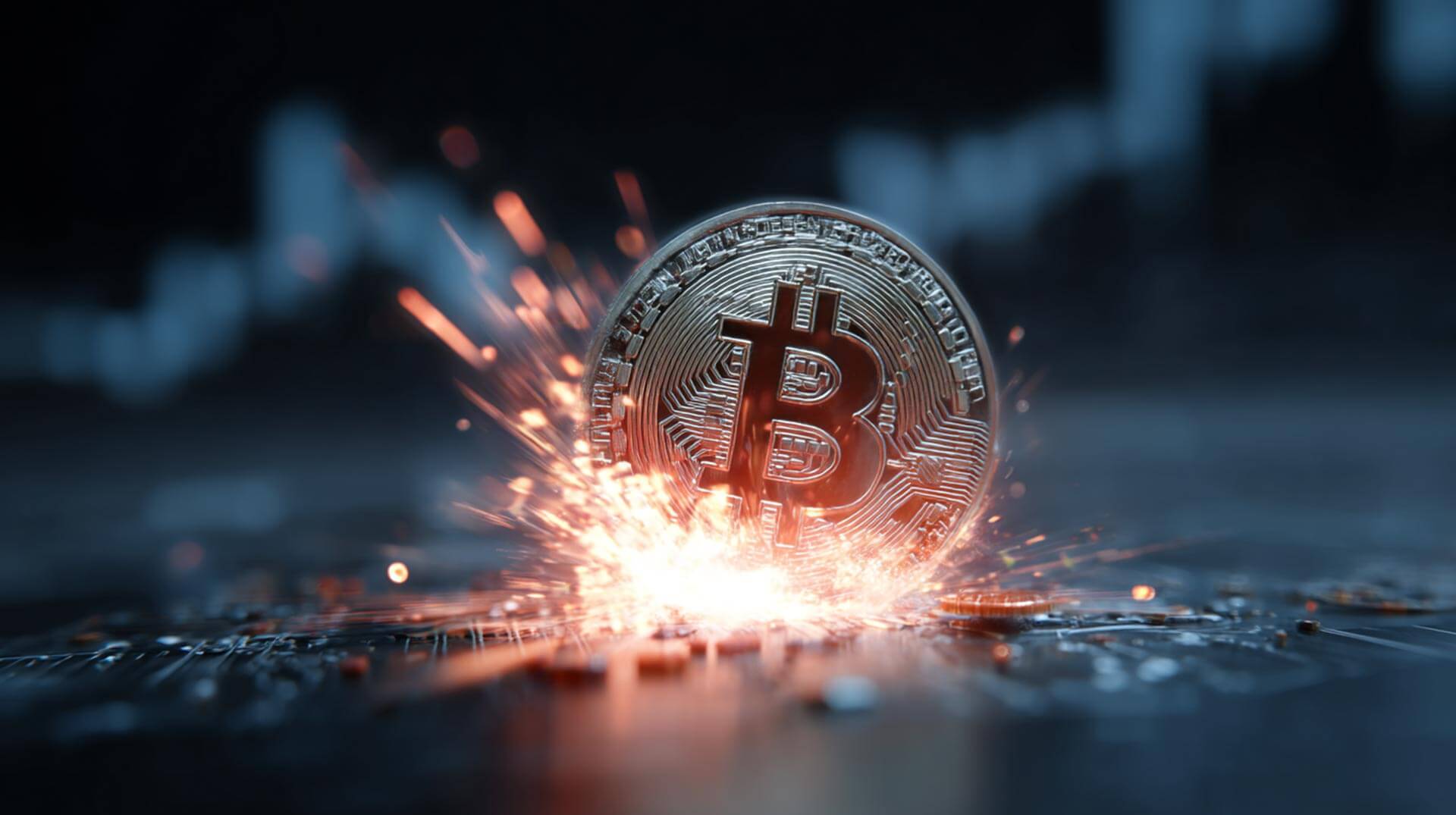 Bitcoin coin igniting upward with sparks against a rising chart, symbolizing the surge to $70,000 after Trump pauses Iran strikes