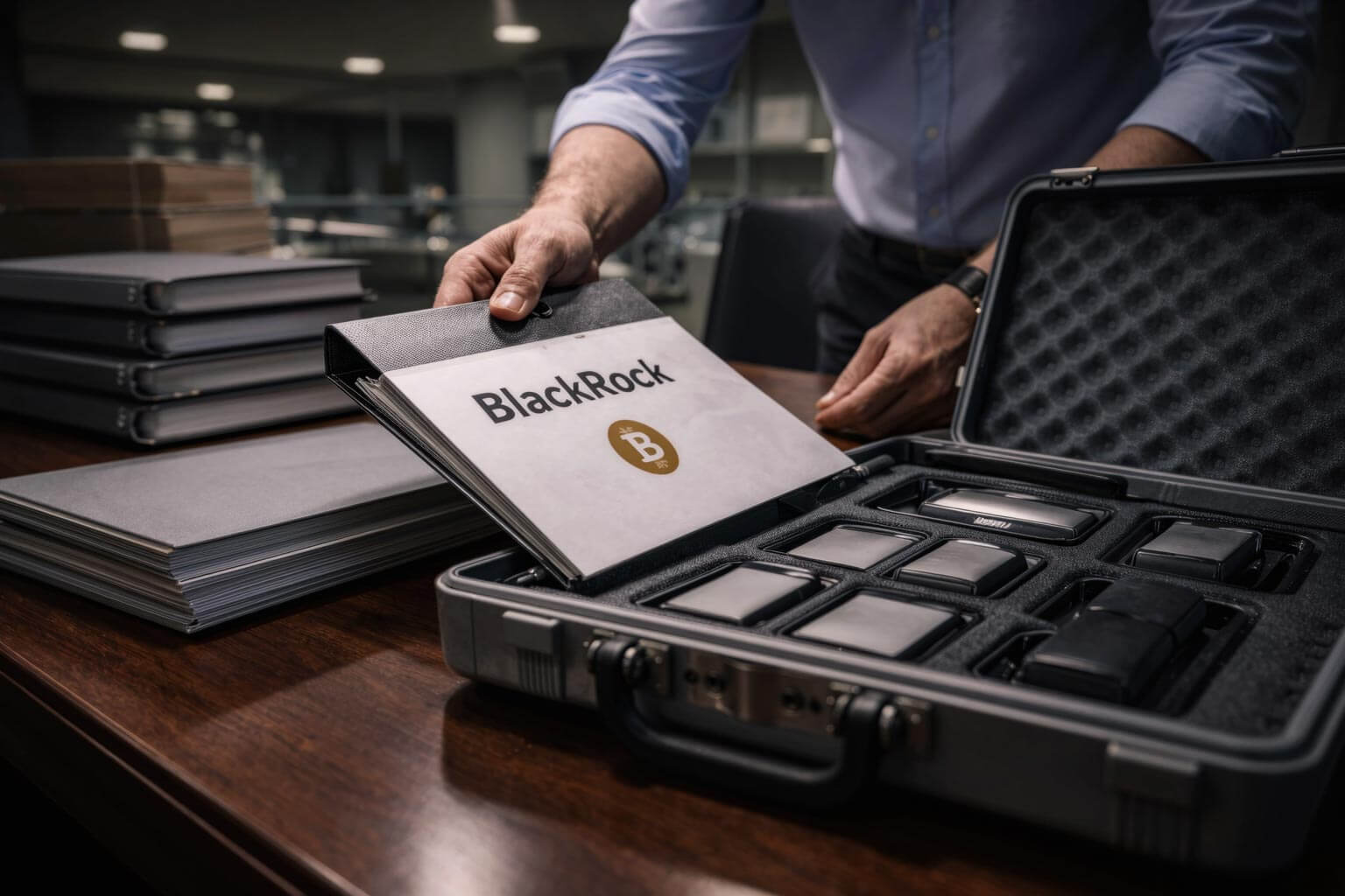 BlackRock document placed beside a secure case of digital devices, illustrating traditional investment products moving into digital wallets after a $150B crypto expansion