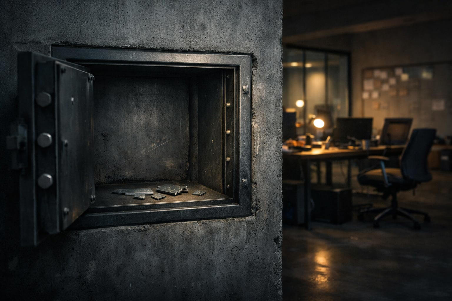 Open empty safe with scattered fragments in a dim office, symbolizing the lasting impact of crypto hacks even after funds are gone