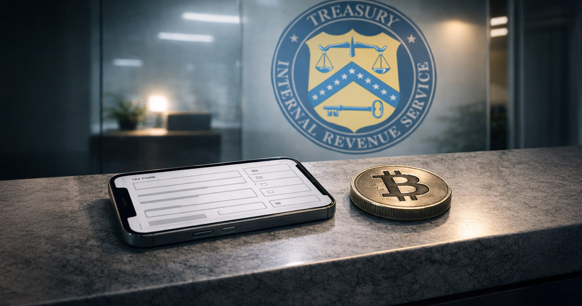 Smartphone displaying a tax form beside a Bitcoin coin in front of an IRS logo, highlighting potential app-only crypto tax filing requirements and exchange account risks