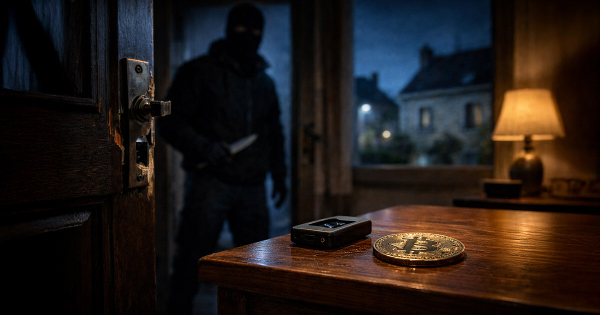 Hardware crypto wallet and Bitcoin coin on a bedside table as a masked intruder enters a home, illustrating rising physical security risks tied to Bitcoin self-custody for everyday investors in France