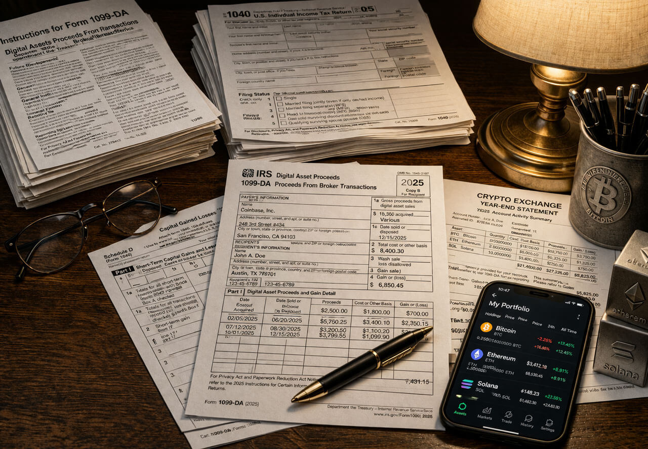 IRS Form 1099-DA beside crypto account records and a phone portfolio app, showing how 2025 coin swaps and sales can still be reported for tax filing