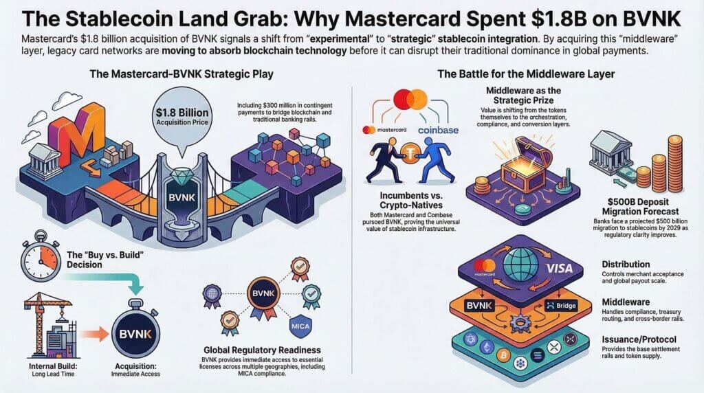 Infographic illustrating Mastercard’s $1.8B acquisition of crypto infrastructure firm BVNK and the broader competition between traditional card networks and blockchain-based stablecoin payment systems