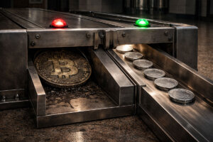 Bitcoin coin stopped at a metal gate while smaller tokens pass through, illustrating Congress targeting crypto wash-sale rules while favoring stablecoin tax treatment