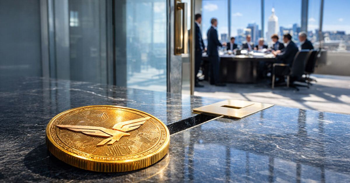 WLFI cryptocurrency coin placed on a boardroom table outside a high-level executive meeting, symbolizing the Trump-backed project offering guaranteed direct access to investors for $5 million