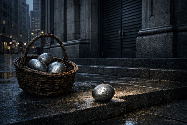 Basket of Bitcoin-themed eggs on a rainy city sidewalk outside a closed financial building, reflecting markets paused for the weekend ahead of a key jobs report