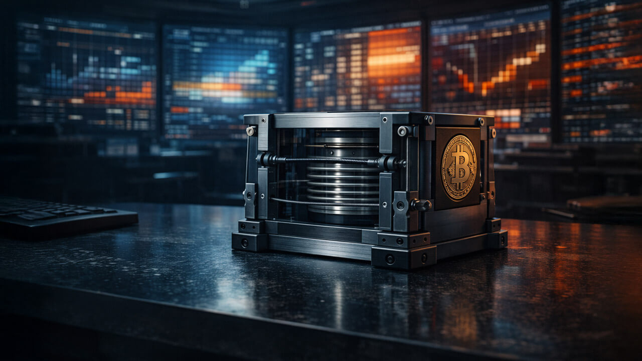 Mechanical Bitcoin device on a trading desk before glowing market screens, symbolizing Bitcoin bracing for an options-driven volatility reset as war, oil and Fed risks build