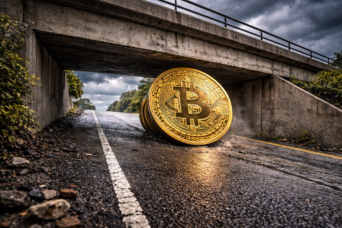 Bitcoin coin rolling uphill toward a low concrete overpass under dark storm clouds, symbolizing Bitcoin meeting a new ceiling as macro conditions grow tougher