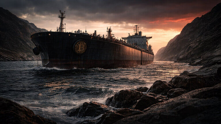 Bitcoin-marked tanker moving through a narrow rocky strait at sunset, reflecting Bitcoin’s fragile window before ceasefire risk and another Hormuz closure threaten a price reversal