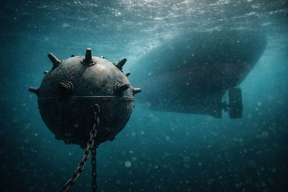 Underwater naval mine near a passing tanker, symbolizing lingering geopolitical risk threatening Bitcoin’s fragile rebound