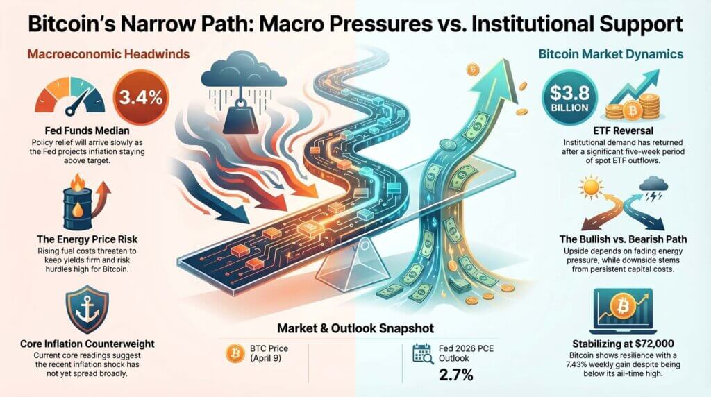 Illustration of Bitcoin caught between macro headwinds and institutional ETF support, showing inflation, energy-price pressure, and a split bull versus bear path.