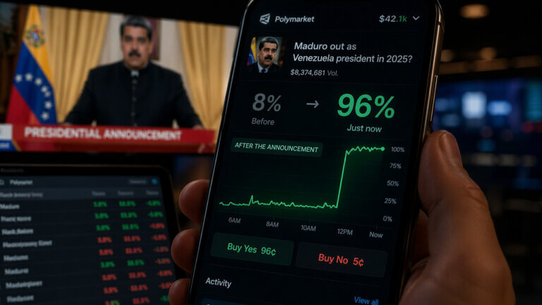Polymarket prediction market odds surge on a phone as political news turns global events into a casino-like trade
