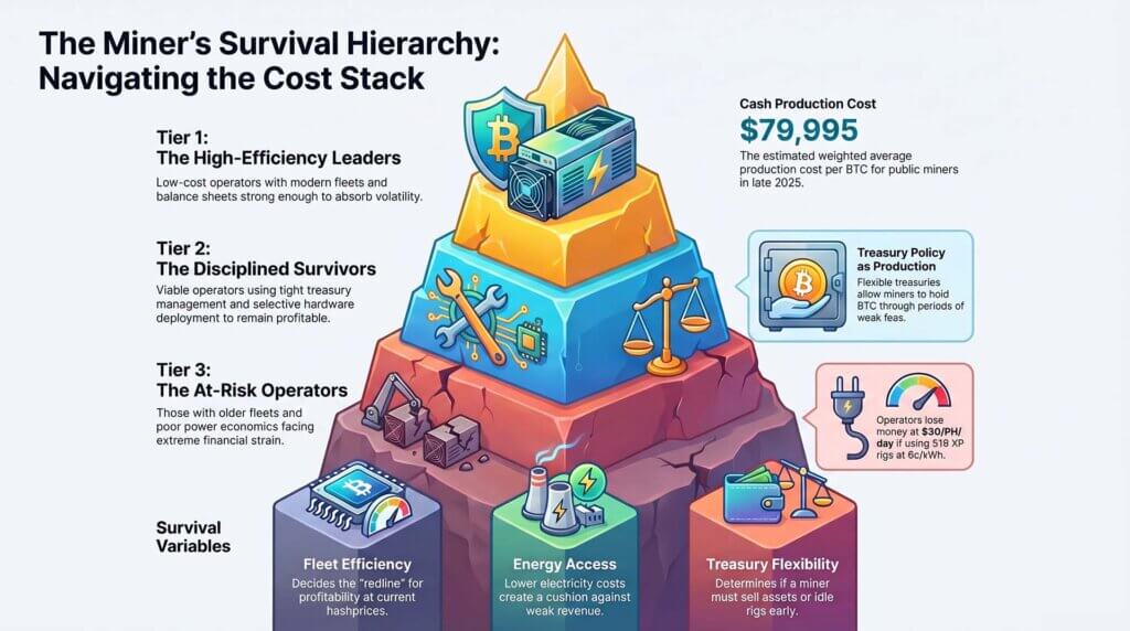 Infographic showing a three-tier Bitcoin miner survival hierarchy, with low-cost leaders at the top and at-risk operators at the bottom, alongside key metrics for production cost, treasury policy, fleet efficiency, energy access, and treasury flexibility.