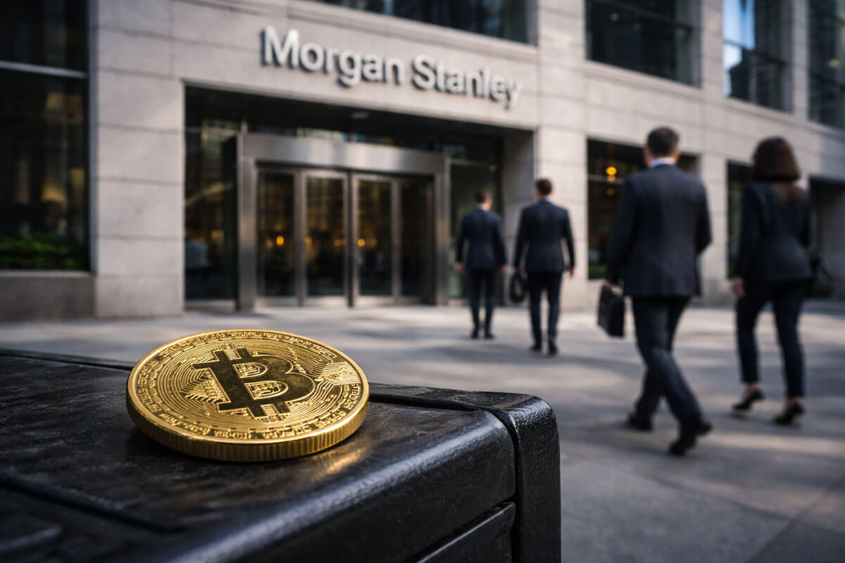 Bitcoin placed outside a Morgan Stanley office as investors enter, reflecting new ETF demand and growing competition with BlackRock IBIT