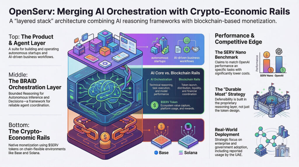Diagram showing OpenServ’s layered AI stack architecture, including product and agent layer, Braid orchestration layer, crypto-economic rails, and performance benchmarks comparing costs and deployment across blockchain networks