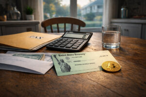 U.S. tax refund check, calculator, cash and Bitcoin coin on a kitchen table, reflecting surprise refunds and new IRS crypto rules driving a potential demand shock for Bitcoin