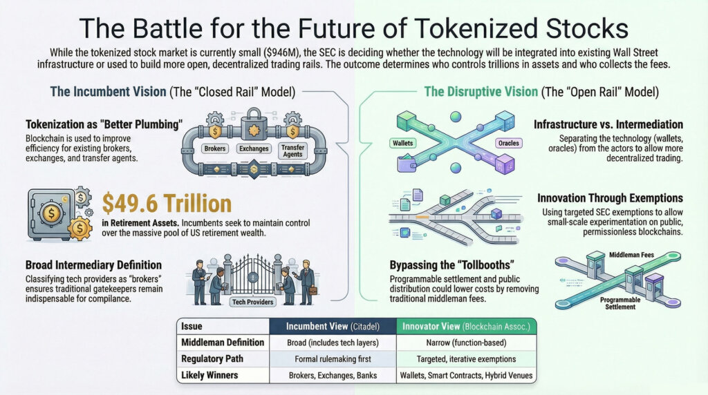 Infographic comparing two models for tokenized stocks: the current intermediary-led Wall Street system versus an open blockchain model using wallets, smart contracts, and programmable settlement.