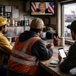 Workers watching Trump’s emergency address near an industrial port as oil surges and Bitcoin holds steady amid rising geopolitical tension