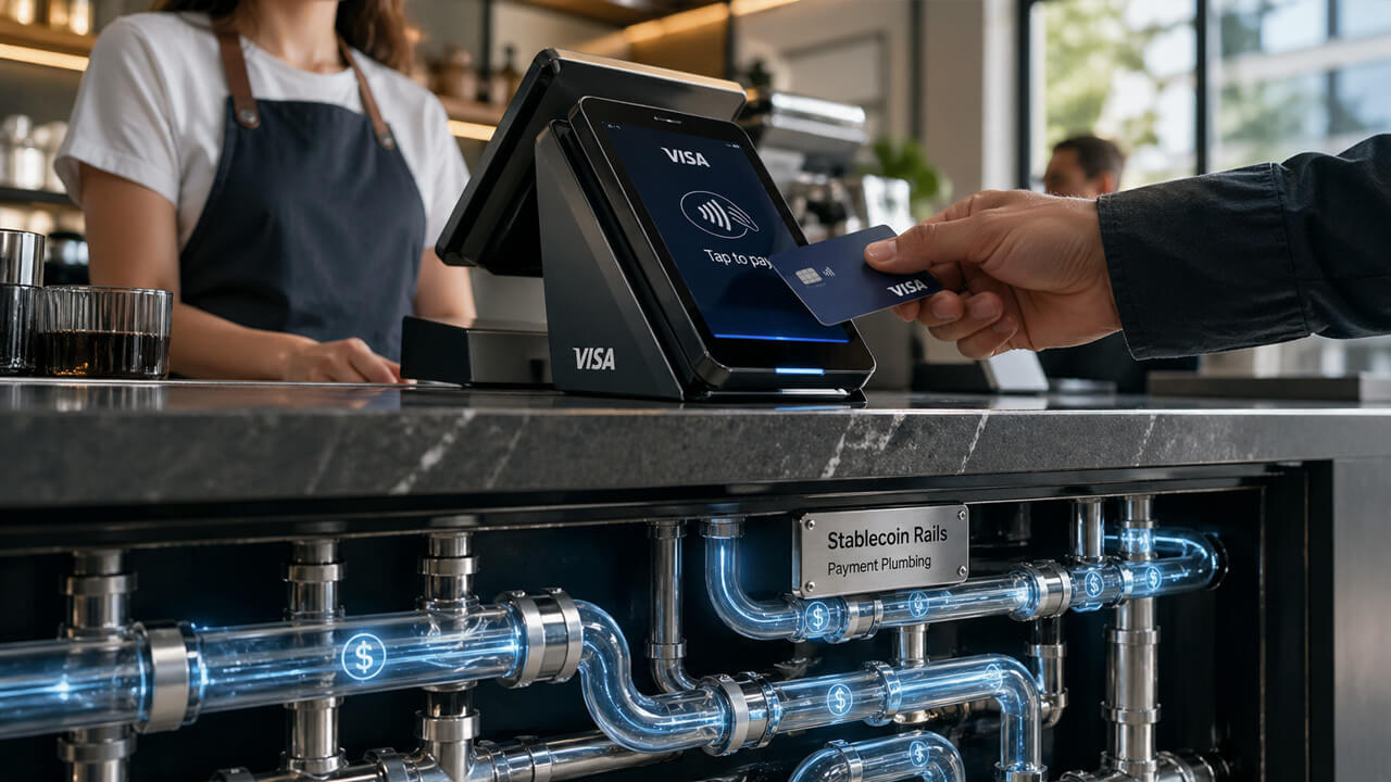 Visa payment terminal sits above stablecoin rails as digital dollars move through mainstream payment plumbing