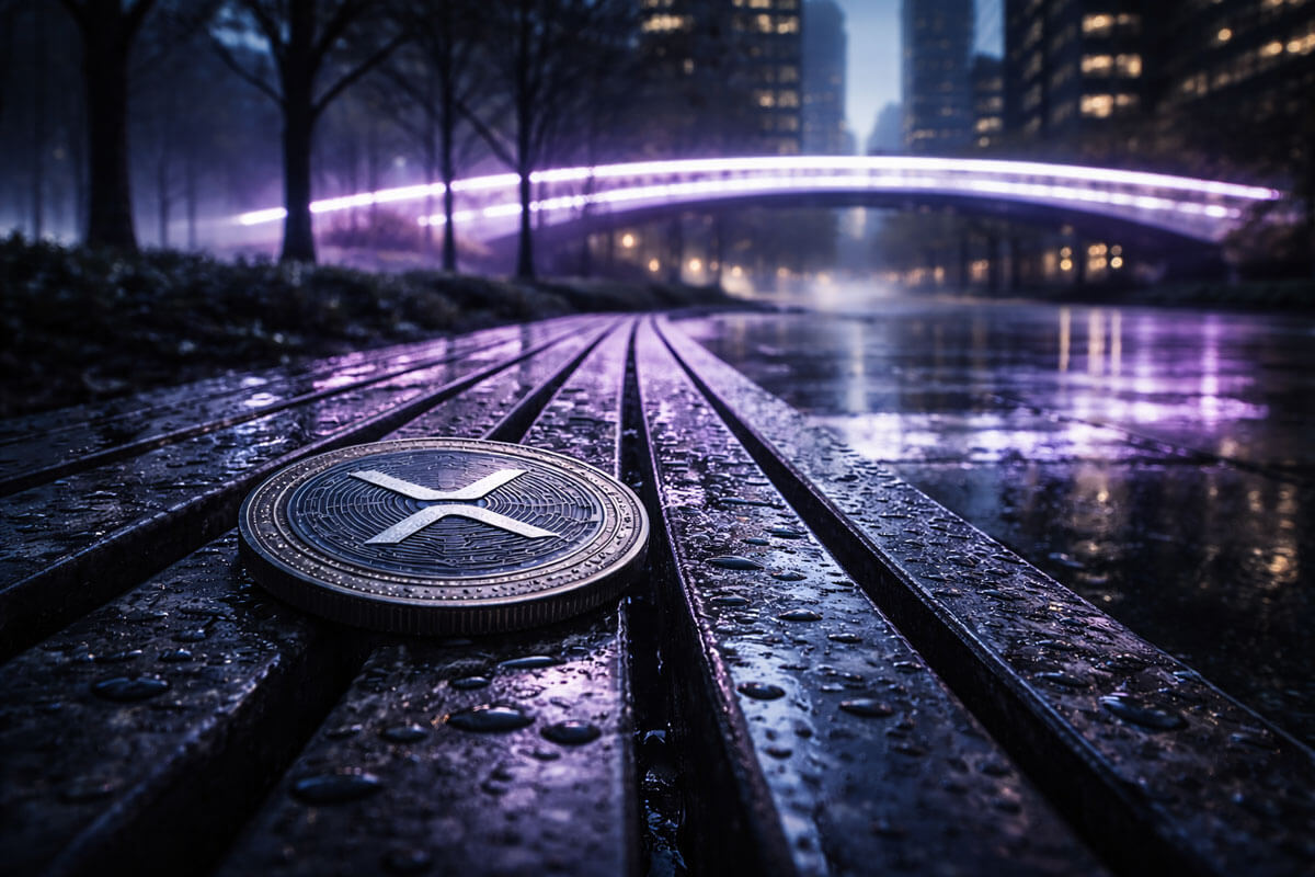 XRP coin on a rain-soaked bench beneath a dim city bridge, reflecting a weak market mood as each rebound turns into renewed selling pressure