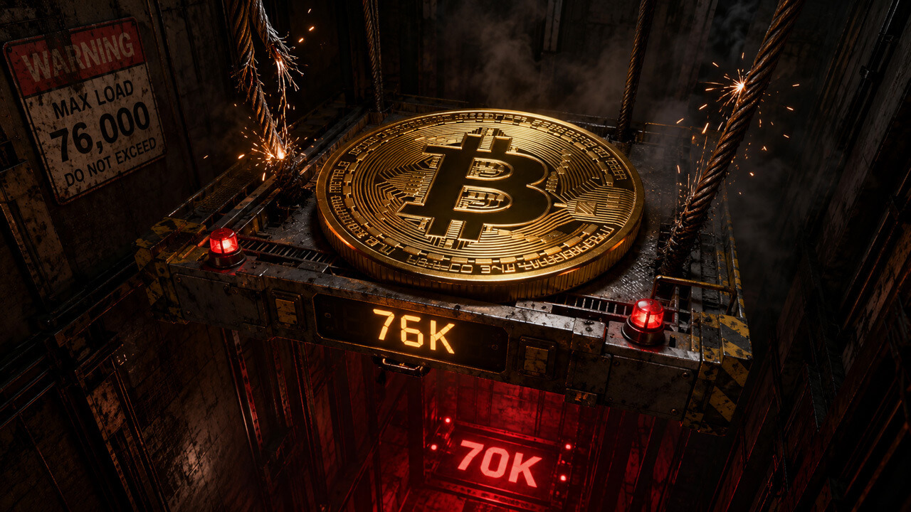 Bitcoin suspended above a glowing $70,000 drop zone as weakening $76,000 support signals growing downside risk in the crypto market