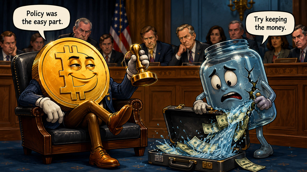 Cartoon Bitcoin in a congressional hearing beside a cracked money jar, commenting on policy wins and weak ETF demand.