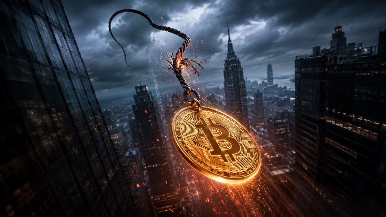 Burning Bitcoin coin hanging by a frayed wire above a dark city skyline as crypto markets face cascading liquidations and weakening demand pressure