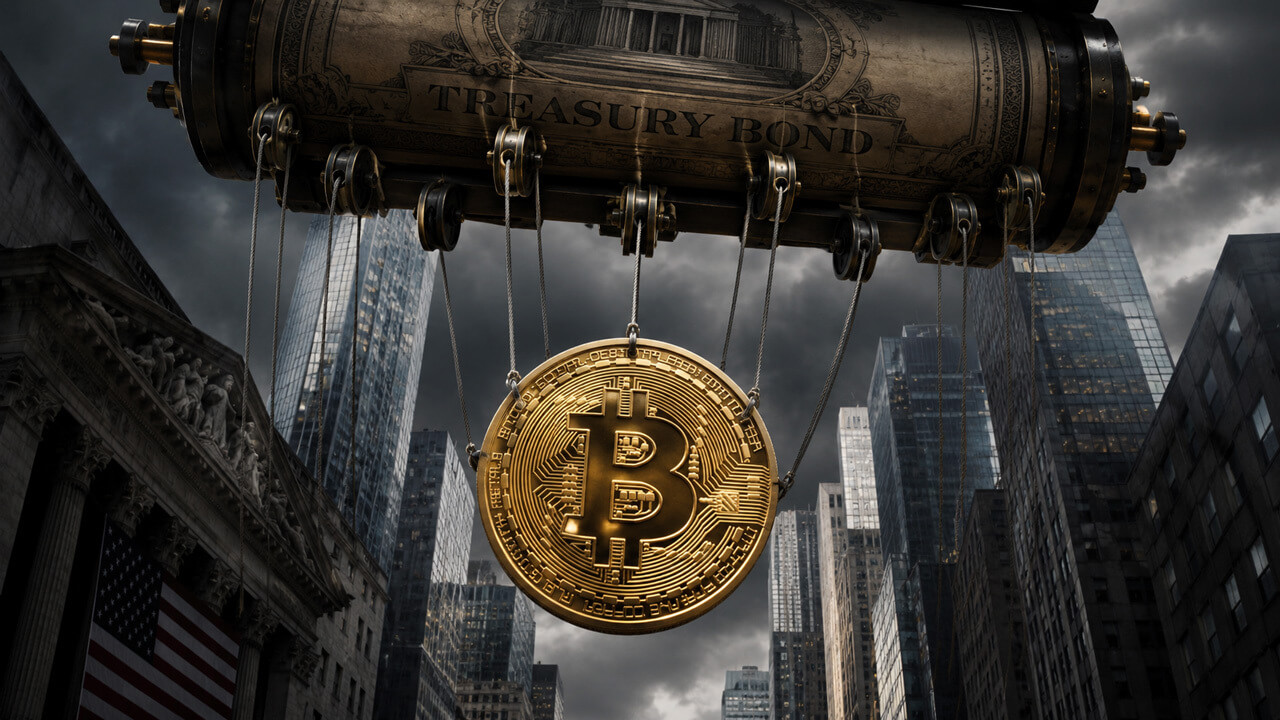 Bitcoin suspended beneath a massive Treasury bond over Wall Street as rising US yields challenge the cryptocurrency’s hard-money narrative