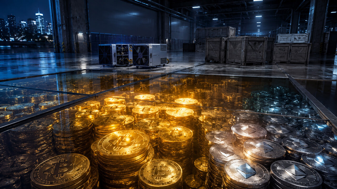 Stacks of Bitcoin and Ethereum treasury holdings stored beneath an industrial crypto mining facility as Canaan faces declining revenue despite growing digital asset reserves