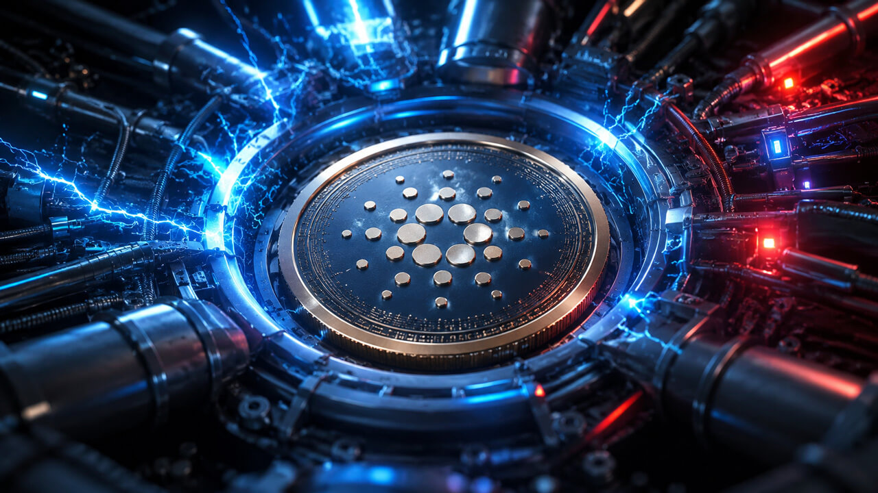 Futuristic Cardano network core powering ADA infrastructure ahead of a governance hard fork vote as concerns grow over the ecosystem’s DeFi activity and adoption