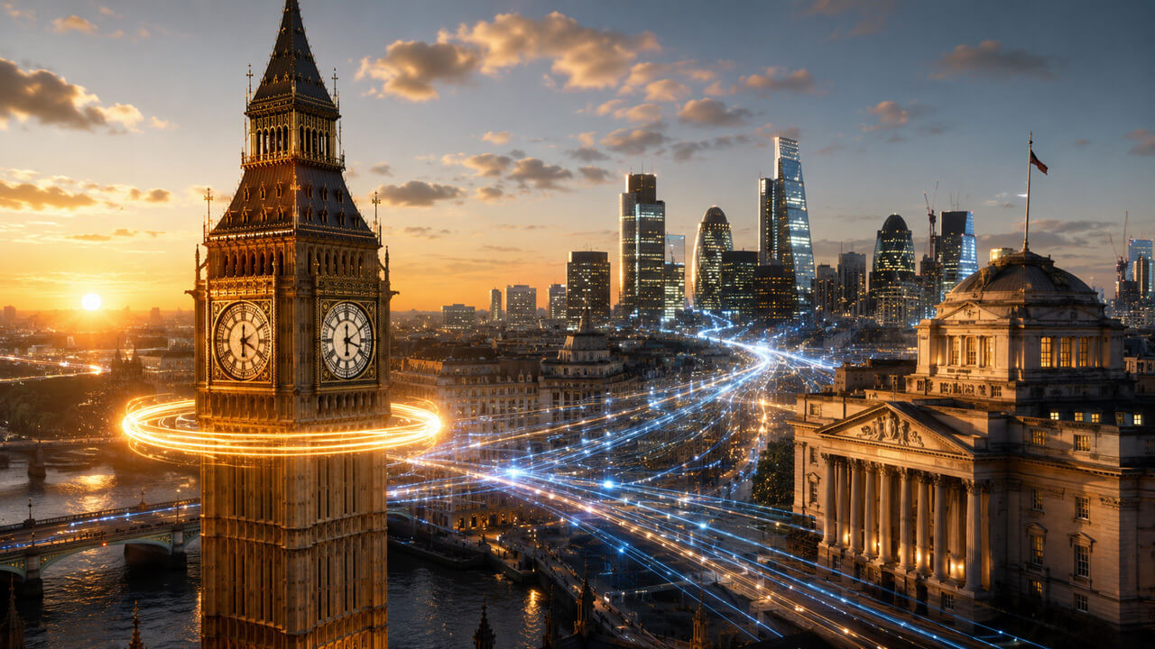 Big Ben surrounded by digital payment flows across London’s financial district as the Bank of England explores 24/7 tokenized settlement infrastructure