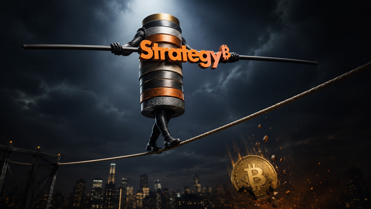 Strategy logo balancing on a tightrope above a falling Bitcoin as investors weigh whether MSTR stock strength can continue amid rising market pressure