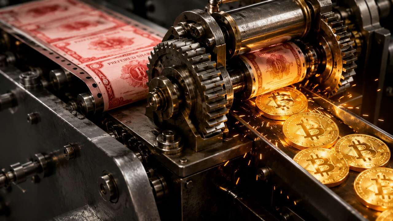 Bitcoin coins rolling off a money-printing machine symbolizing Strategy’s leveraged STRC funding loop driving mid-month BTC rallies