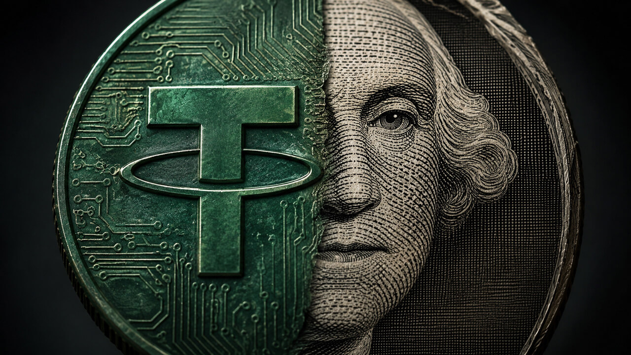 Half Tether stablecoin and half US dollar portrait symbolizing the growing connection between stablecoin reserves and US Treasury debt markets