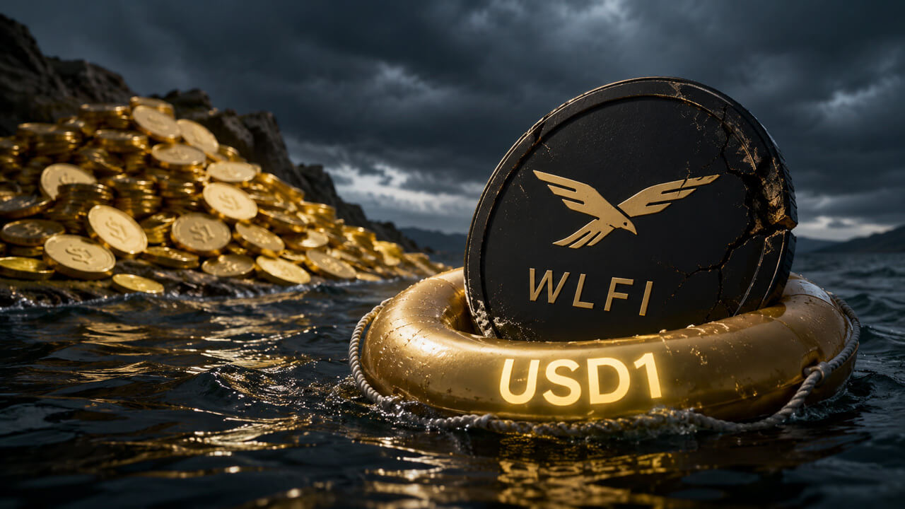 Cracked WLFI token floating on a fragile USD1 life ring beside piles of abandoned stablecoins under stormy market conditions and liquidity concerns
