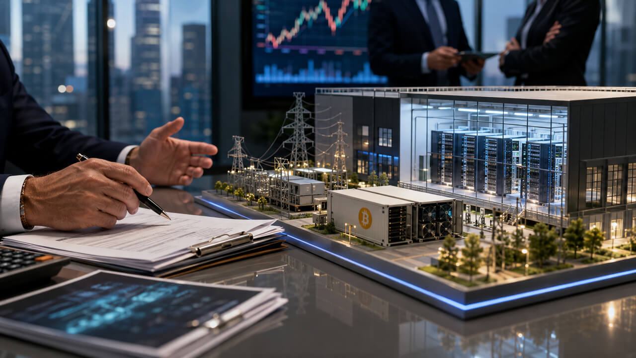Wall Street investors reviewing a data center development model and Bitcoin mining infrastructure plans, illustrating how capital markets are valuing future AI and high-performance computing projects before many facilities are fully operational.