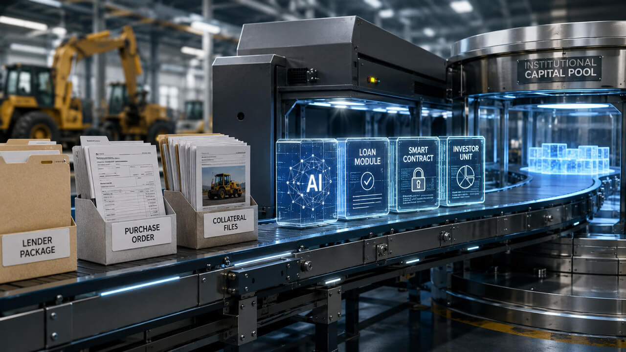 AI-powered equipment loan securitization platform transforming lending documents and collateral records into blockchain-based investment products, illustrating a $650 million test of one-day equipment financing using tokenized capital markets infrastructure.