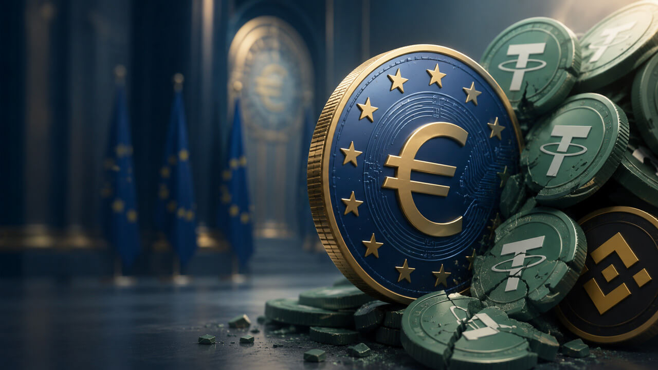 Euro-denominated stablecoin and USDT tokens displayed before European regulatory institutions, illustrating how MiCA compliance rules could reshape Binance access, stablecoin availability, and crypto liquidity across Europe.