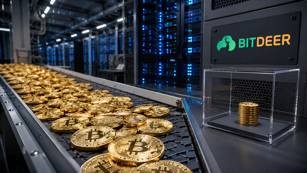 Bitdeer mining facility with Bitcoin tokens on a production conveyor, highlighting the company’s 921 BTC output and focus on treasury accumulation amid mining operations.