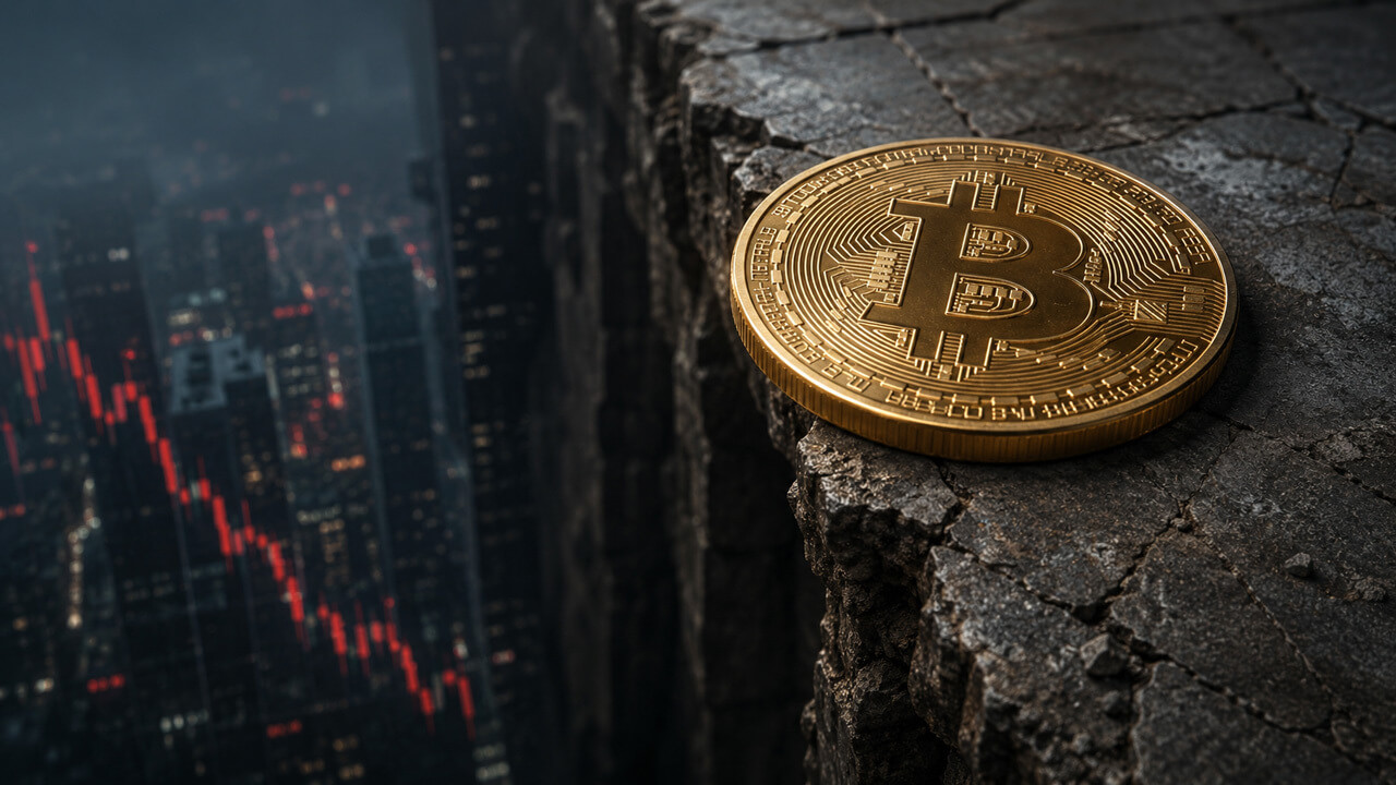 Bitcoin perched on the edge of a cliff above a falling market chart, symbolizing the struggle to break above $64,000 and the risk of a deeper price correction.