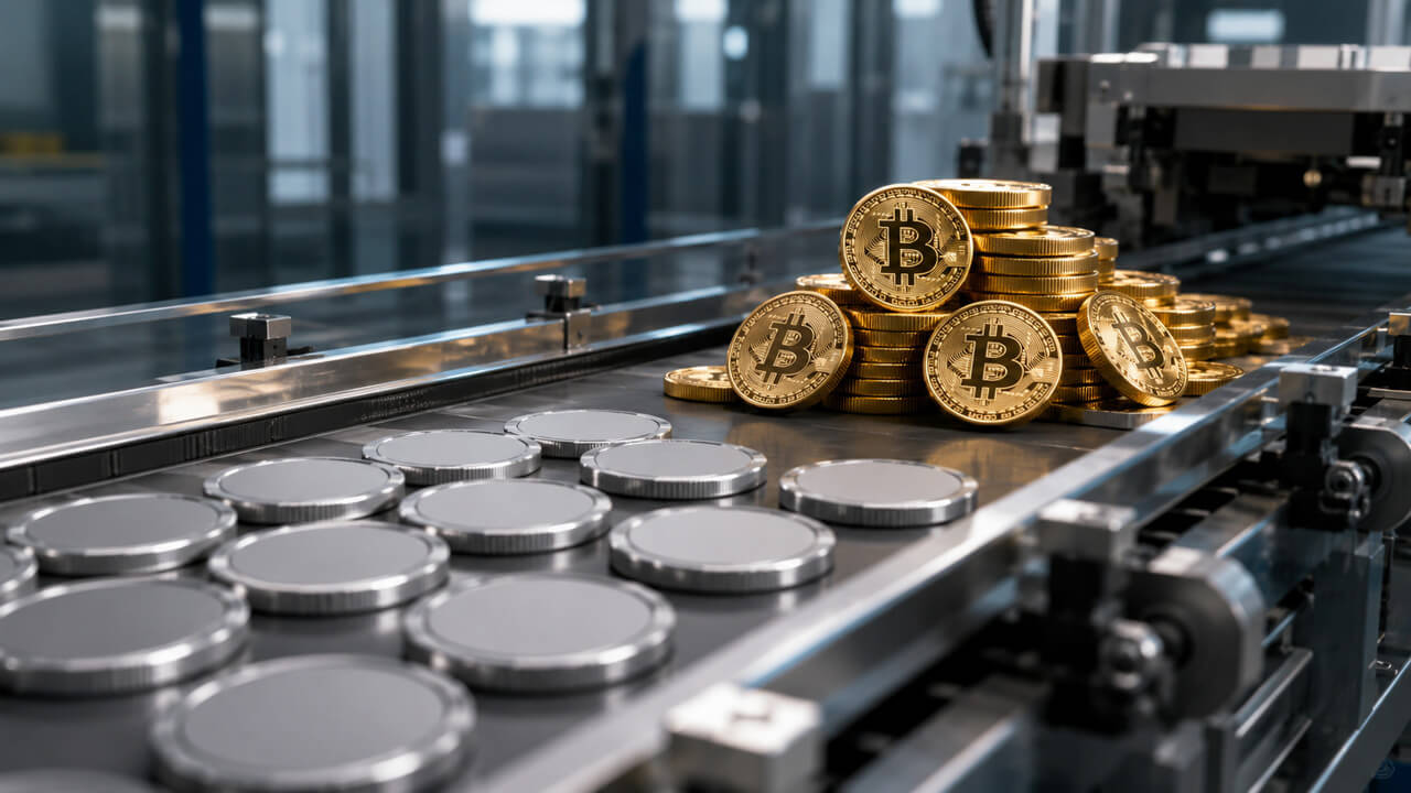 Bitcoin piles up on an industrial production line, symbolizing Strategy’s continued Bitcoin accumulation amid concerns about shareholder dilution.