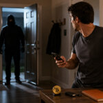 Man holding a phone and hardware wallet turns toward a masked intruder entering his home, illustrating the growing threat of crypto-related wrench attacks and physical coercion targeting digital asset holders.