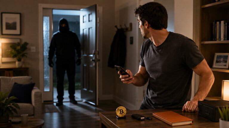 Man holding a phone and hardware wallet turns toward a masked intruder entering his home, illustrating the growing threat of crypto-related wrench attacks and physical coercion targeting digital asset holders.
