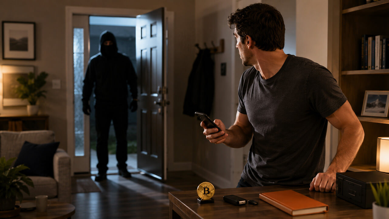 Man holding a phone and hardware wallet turns toward a masked intruder entering his home, illustrating the growing threat of crypto-related wrench attacks and physical coercion targeting digital asset holders.