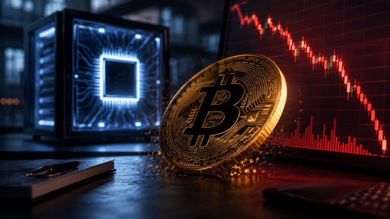 Bitcoin sits beside AI computing hardware and a collapsing market chart, illustrating how capital flowing into the AI boom has coincided with crypto weakness and a $10 billion Bitcoin liquidation wave.