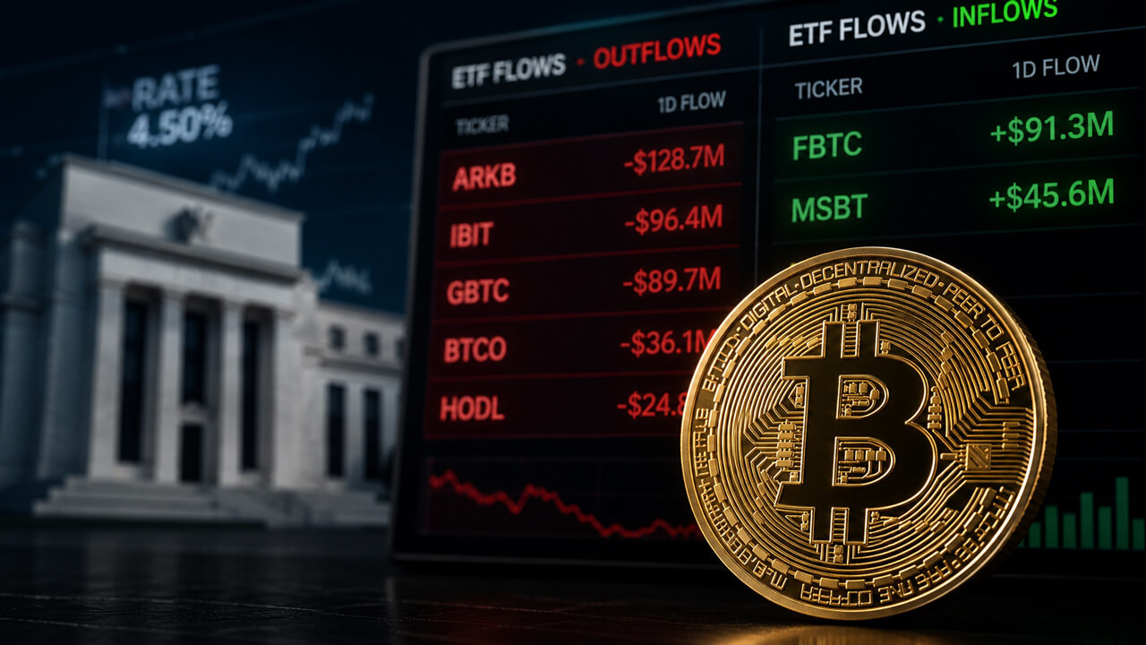 Bitcoin ETF flow dashboard showing major fund outflows and inflows beside a Bitcoin token and Federal Reserve backdrop, illustrating how investor demand diverged after Kevin Warsh’s Fed debut and shifting rate expectations.