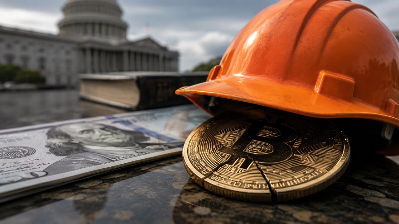 Cracked Bitcoin coin beneath a construction hard hat and U.S. dollar bill near a government building, symbolizing financial stress, market pressure, or regulatory impacts on Bitcoin.