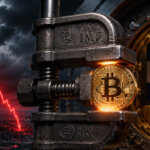 Bitcoin coin in a metal vise symbolizing pressure on El Salvador's Bitcoin reserve strategy under IMF conditions.