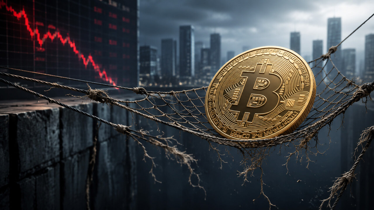 Bitcoin caught in a fraying safety net above a market drop, symbolizing weakening institutional support and rising downside risk as major buyers lose conviction.